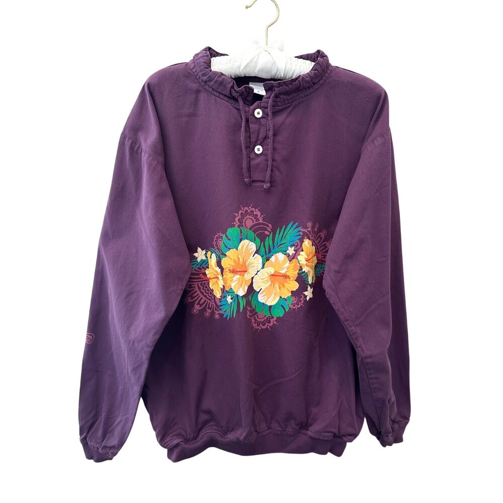 CRAZY SHIRTS Hawaii Sweatshirt Purple Floral Hibiscus Graphic Pullover Medium